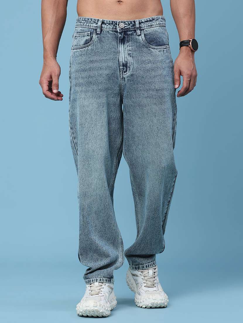 men washed mid rise full length baggy jeans