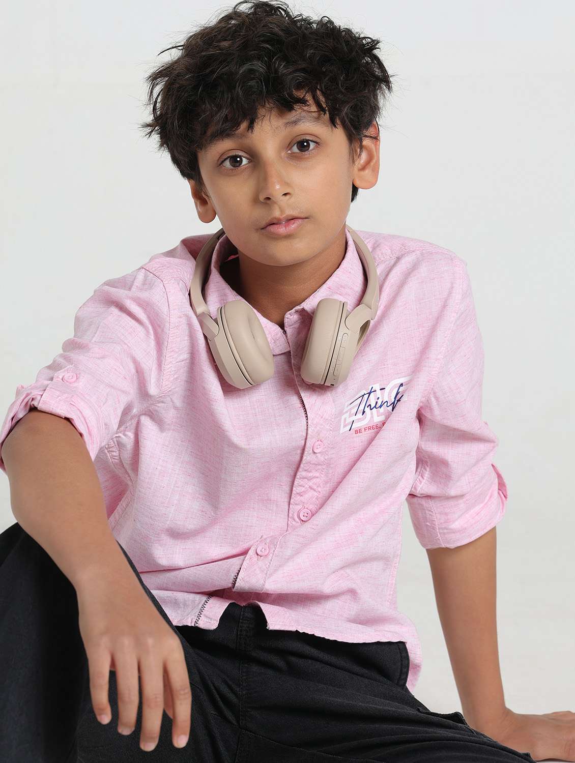 boys solid collared roll up sleeve shirt