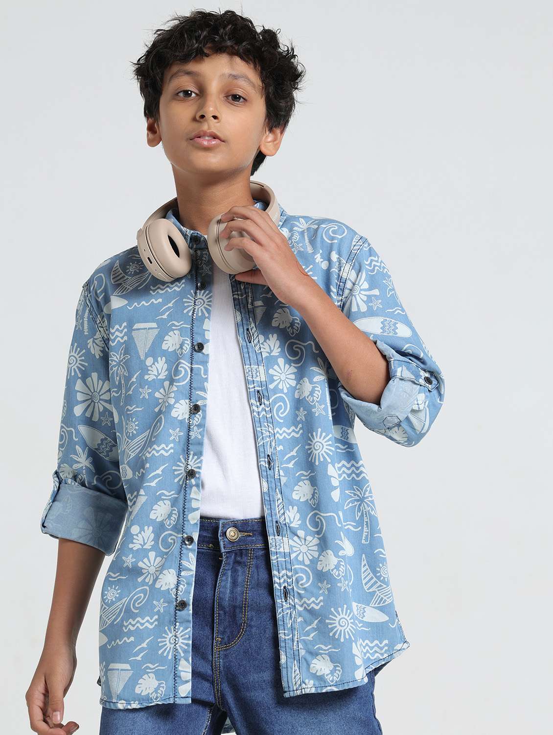 boys printed collared roll up sleeve shirt