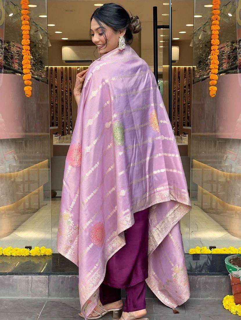 women solid with work three quarter sleeve kurta pant with dupatta set - 22354328 -  Standard Image - 3