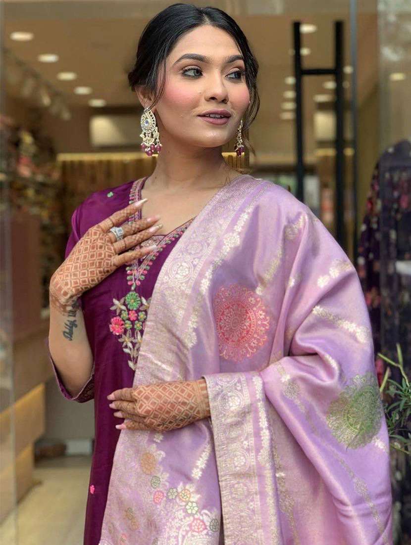 women solid with work three quarter sleeve kurta pant with dupatta set - 22354328 -  Standard Image - 5