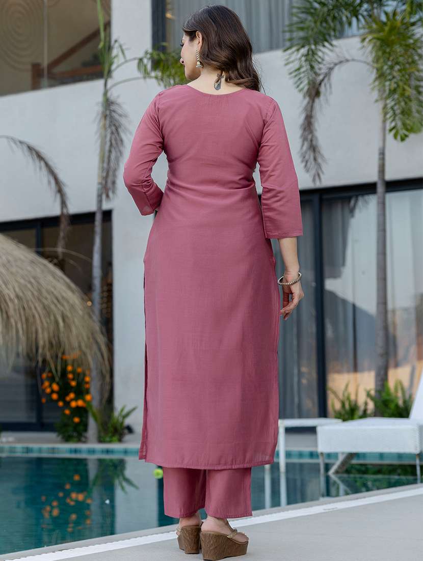 women solid with work three quarter sleeve kurta pant with dupatta set - 22354333 -  Standard Image - 3