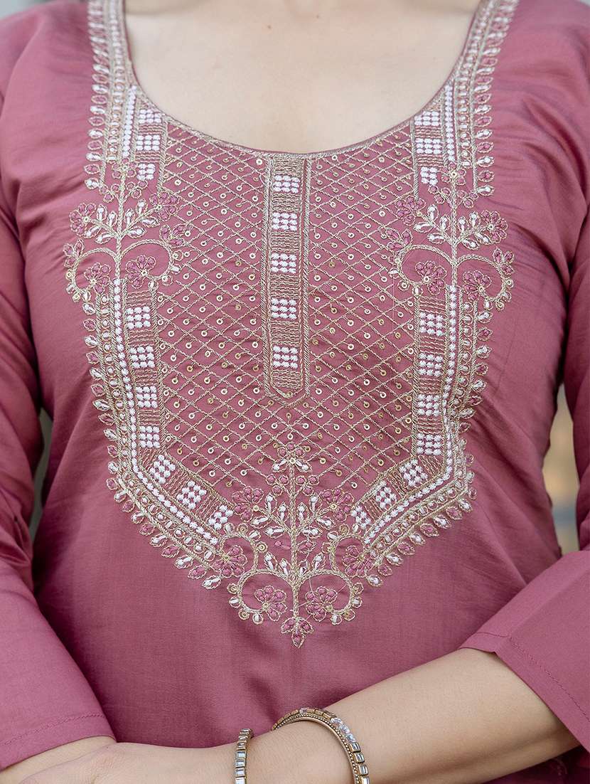 women solid with work three quarter sleeve kurta pant with dupatta set - 22354333 -  Standard Image - 5