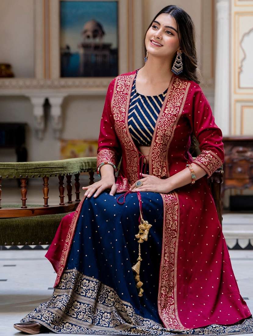 women printed skirt top with shrug set 