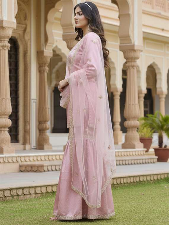 Women Solid With Work Kurta Sharara With Dupatta Set - 22354522 -  Standard Image - 3