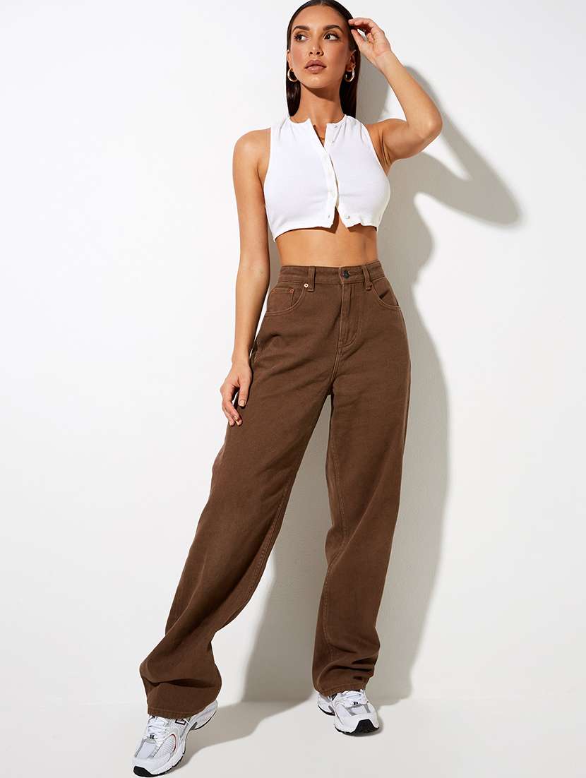 women solid high rise relaxed fit jeans