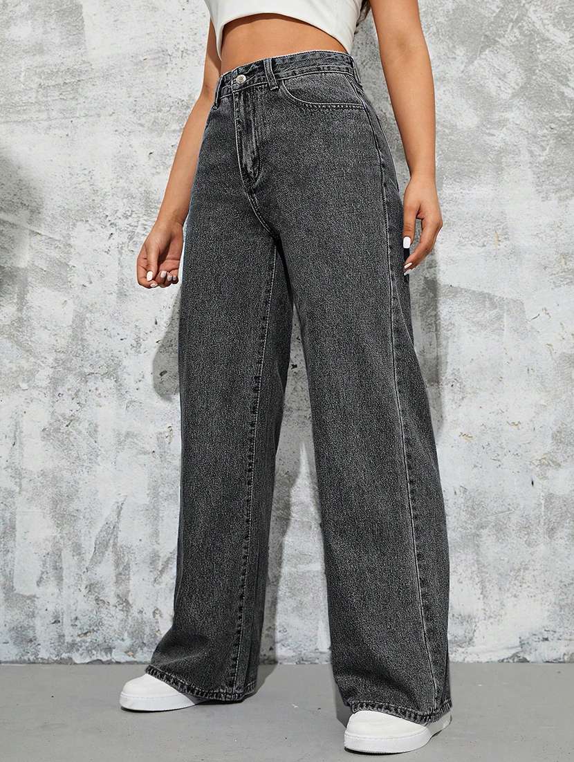 women solid high rise wide leg jeans