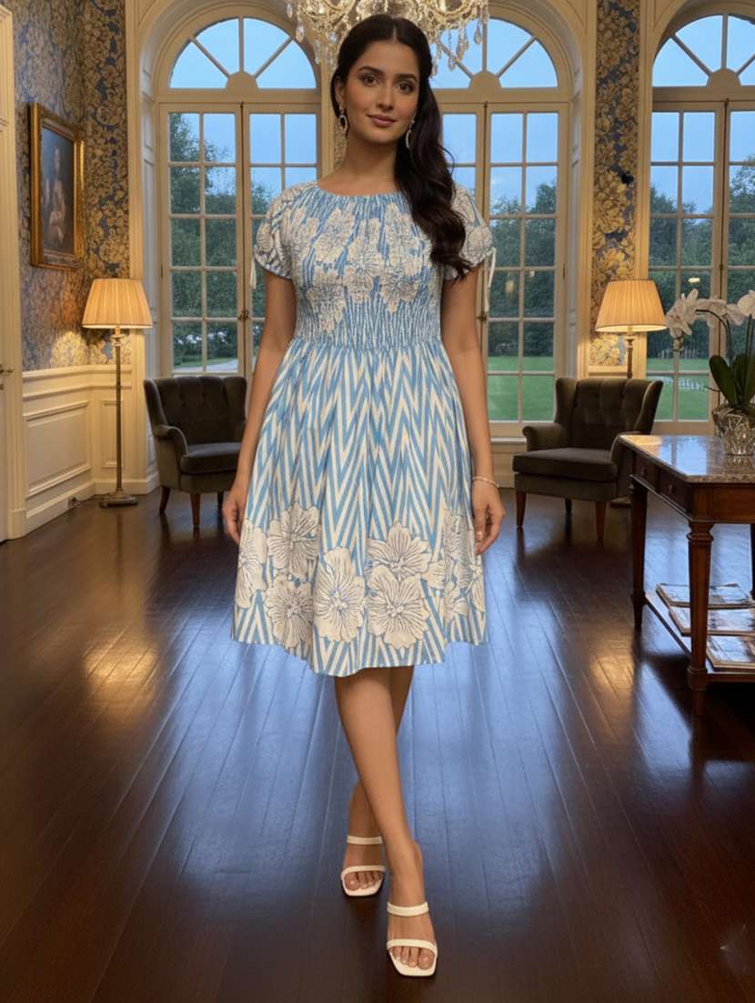 women printed short sleeve a-line dress