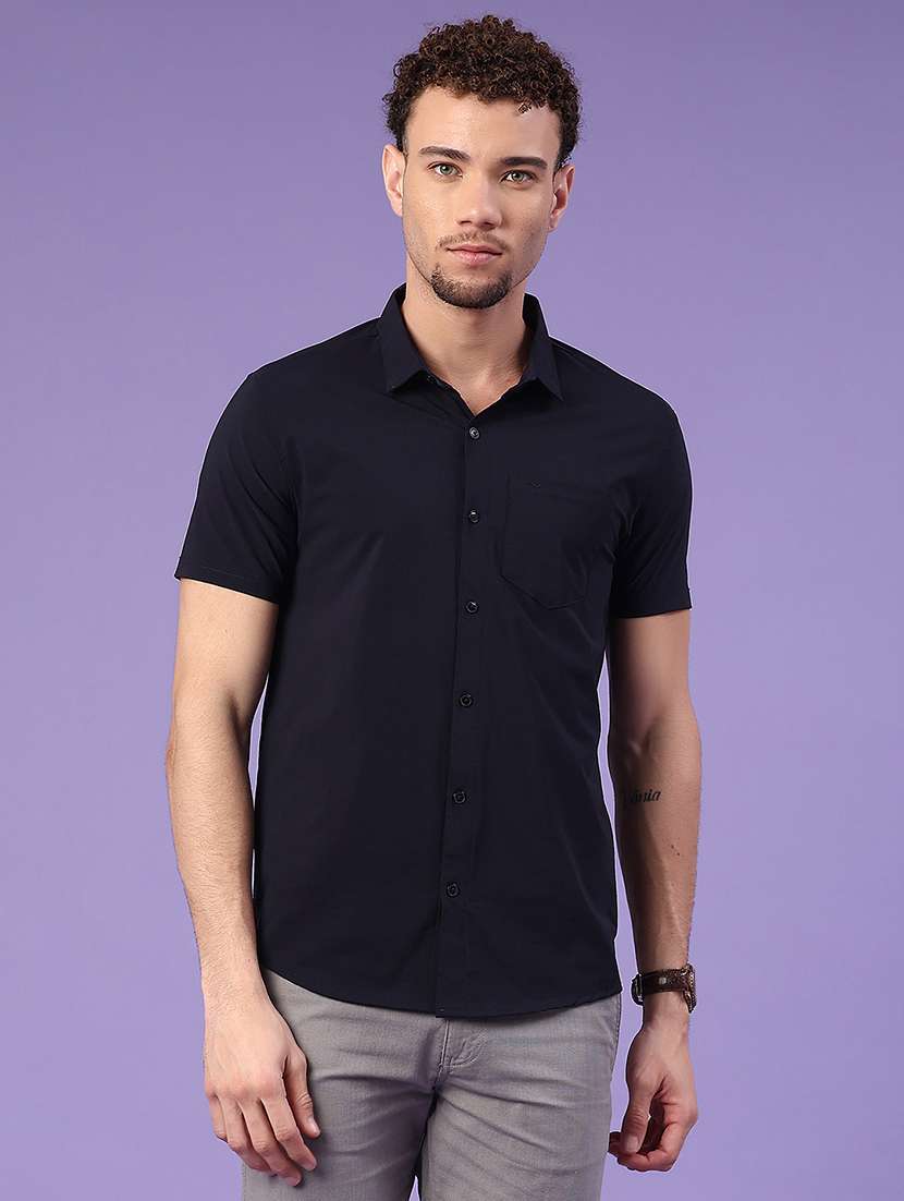 men solid short sleeve slim fit casual shirt