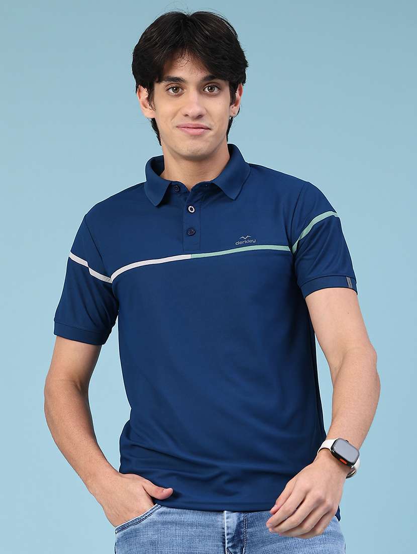 blue cotton blend color block tshirt