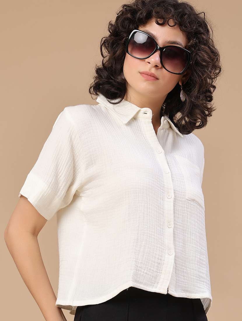 women solid collared regular shirt