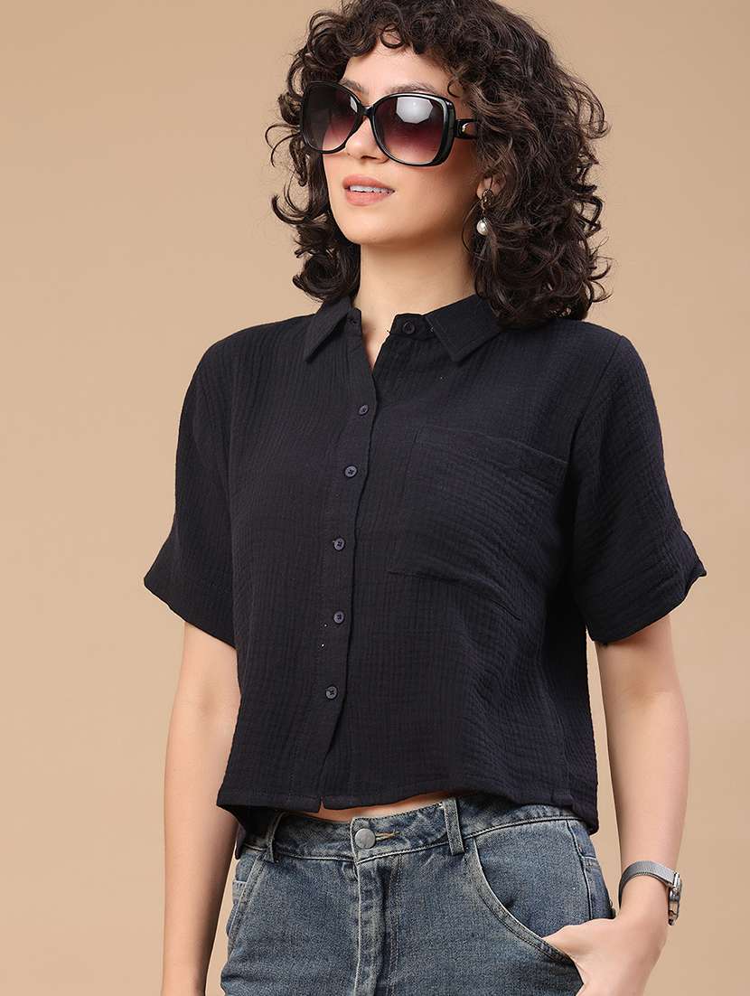 women solid collared regular shirt
