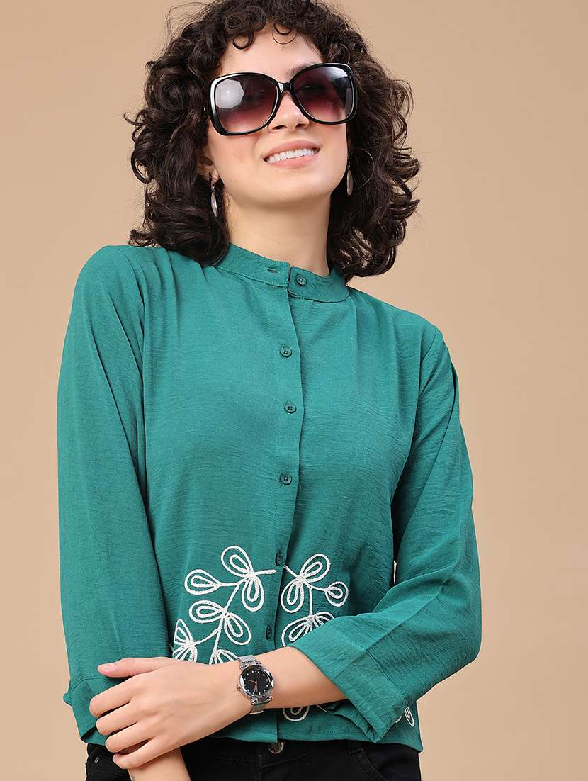 women embroidered mandarin neck regular shirt