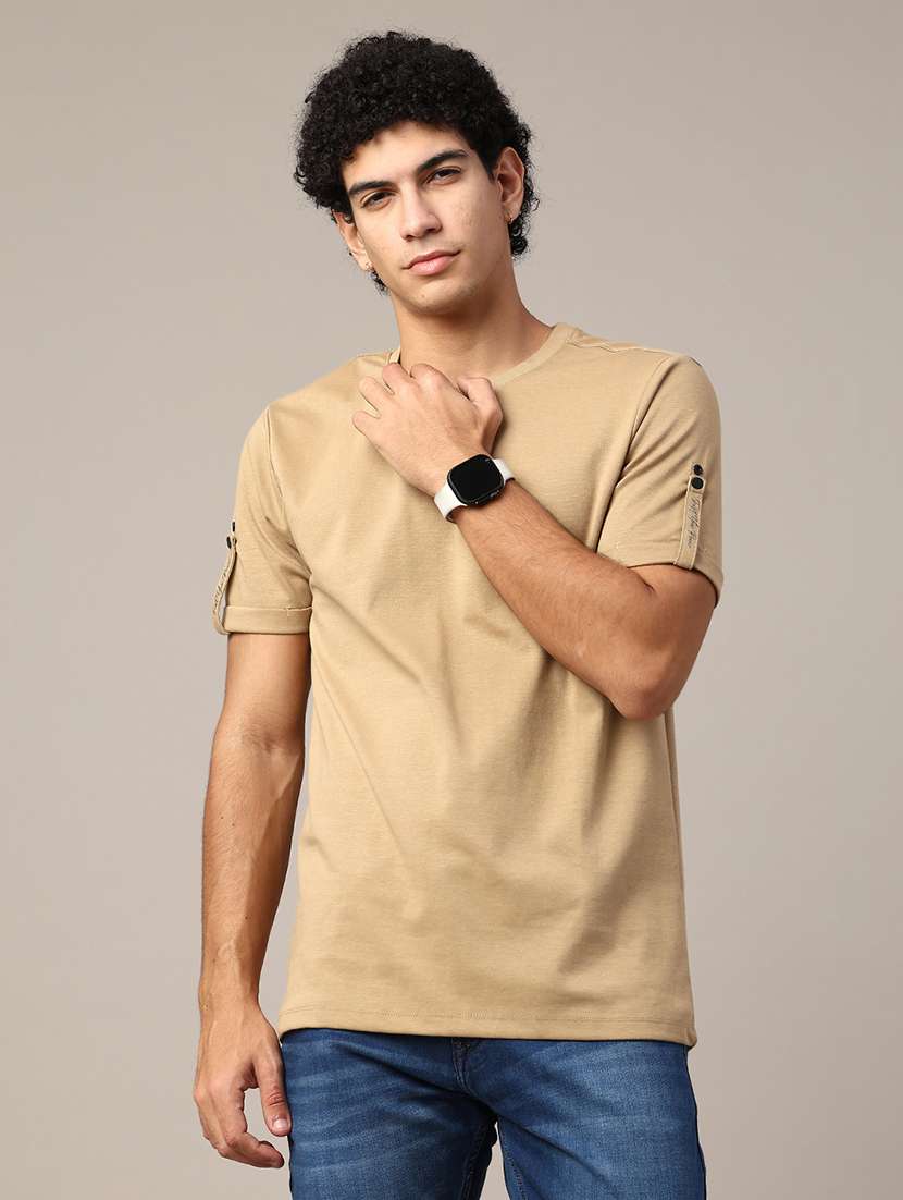 beige cotton blend plain tshirt