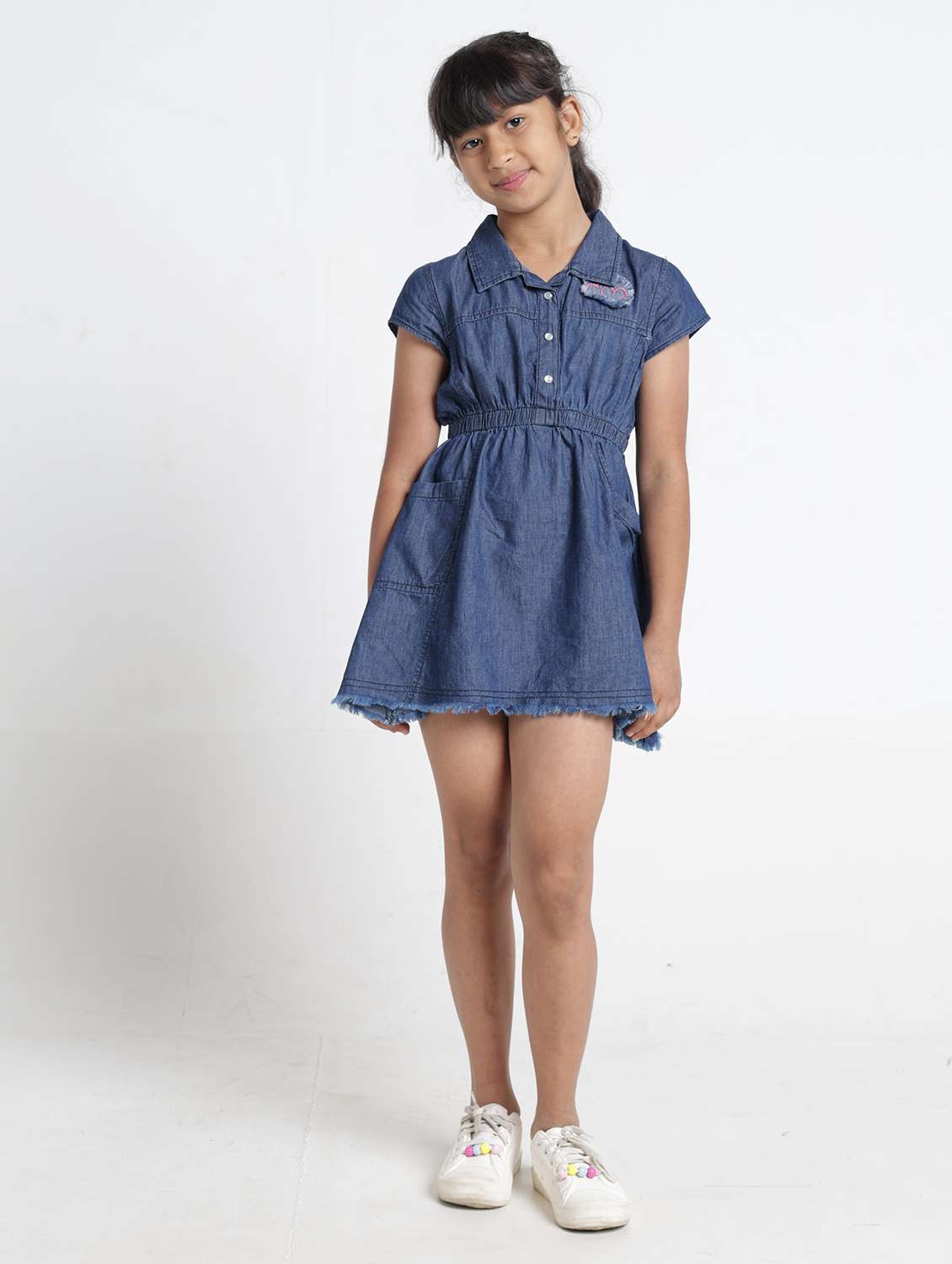 girls solid collared denim fit & flare dress