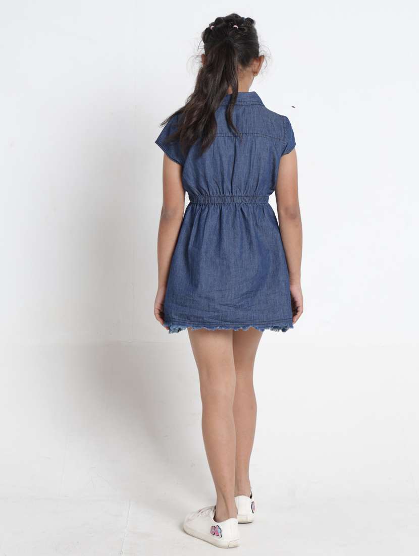 girls solid collared denim fit & flare dress - 22356436 -  Standard Image - 5