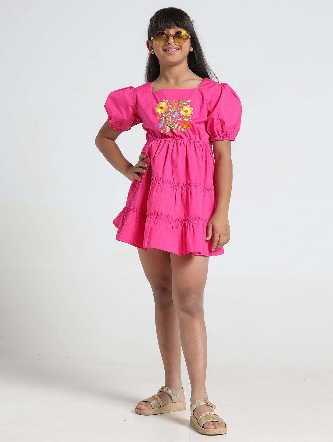 girls embroidered puff sleeve tiered dress
