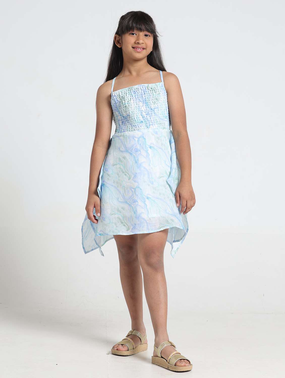 girls printed shoulder strap asymmetric dress