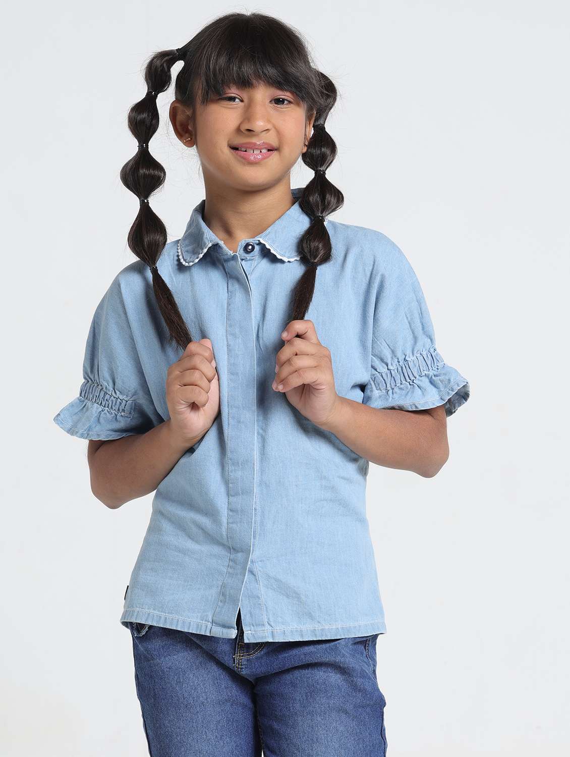 girls solid collared denim shirt top