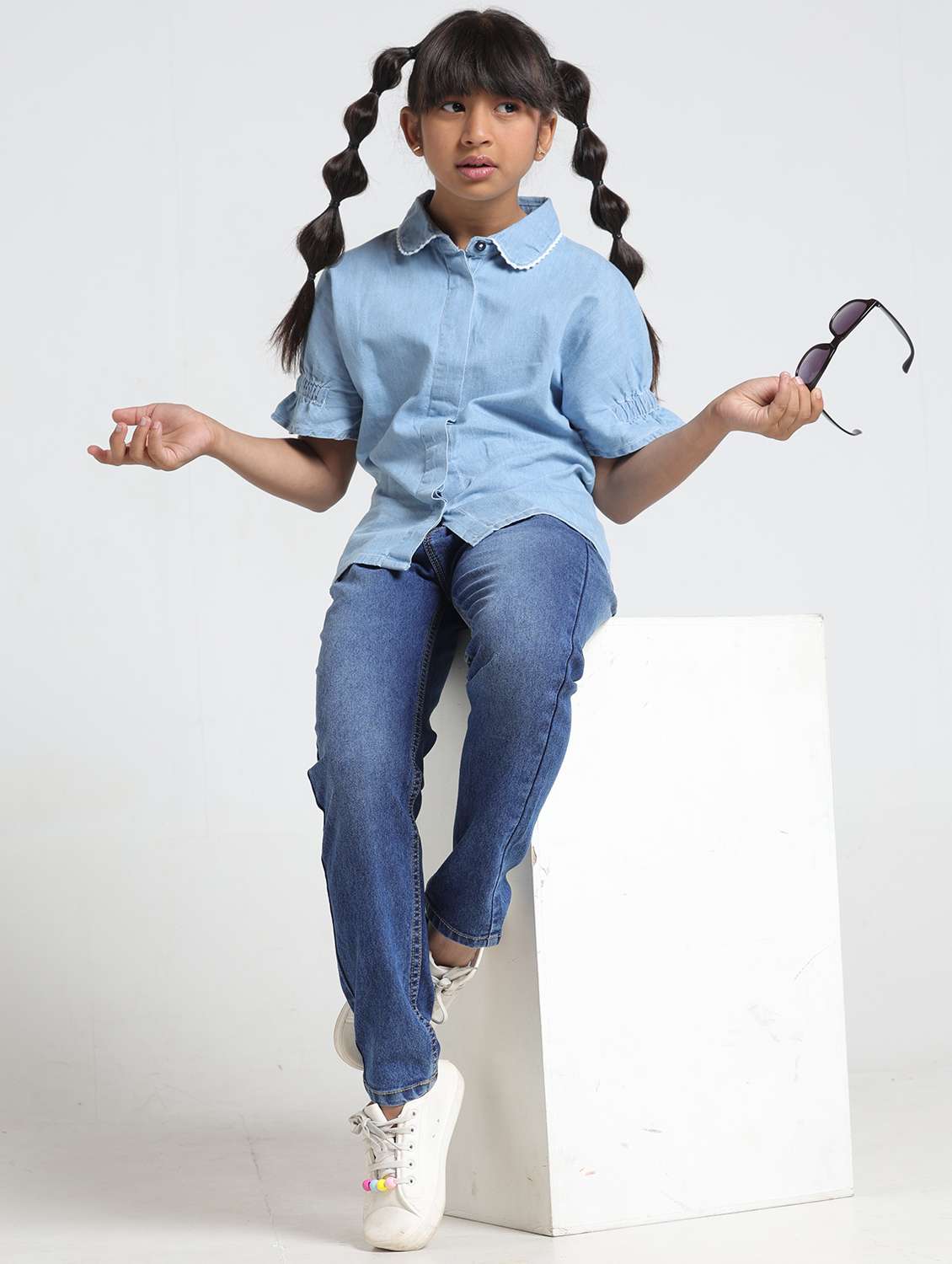girls solid collared denim shirt top - 22356441 -  Standard Image - 5