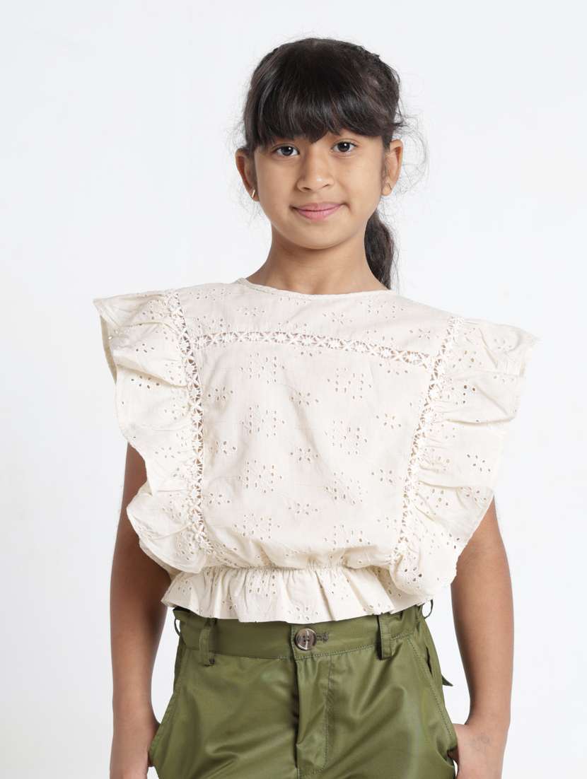 girls self designed ruffle sleeve blouson top