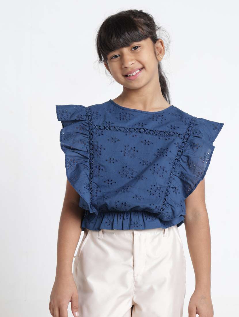 girls self designed ruffle sleeve blouson top