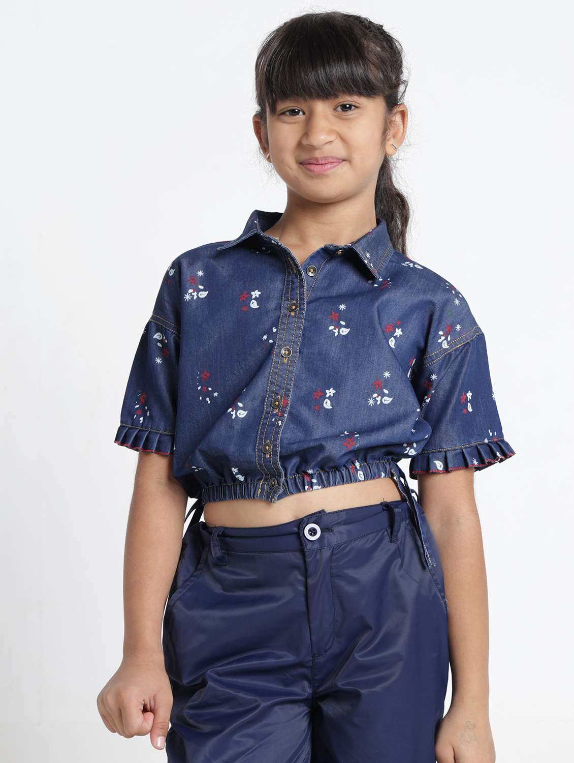 girls printed collared short sleeve crop top