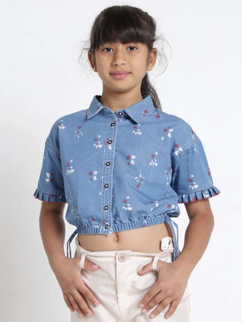 girls printed collared short sleeve crop top