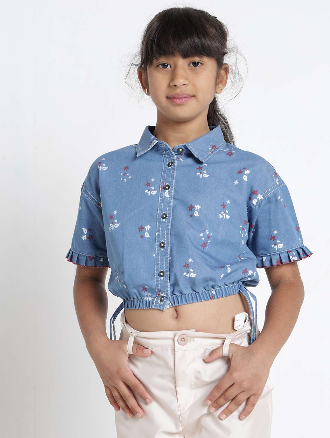 girls printed collared short sleeve crop top