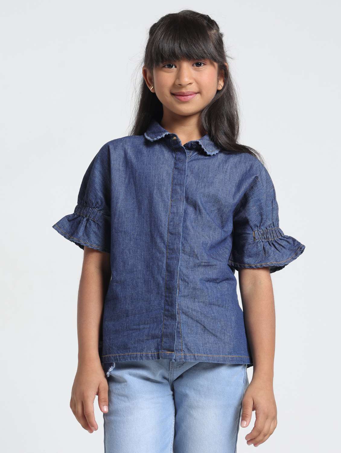 girls solid collared short sleeve denim shirt top