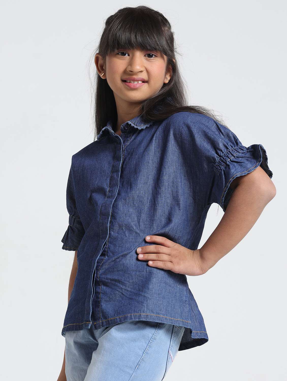 girls solid collared short sleeve denim shirt top - 22356452 -  Standard Image - 3