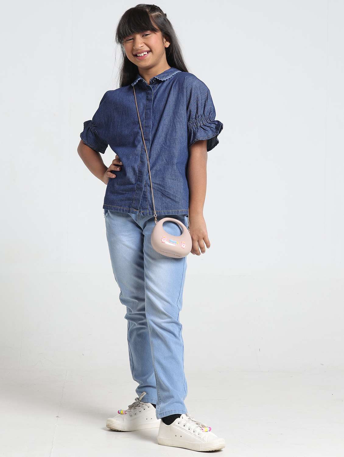 girls solid collared short sleeve denim shirt top - 22356452 -  Standard Image - 5