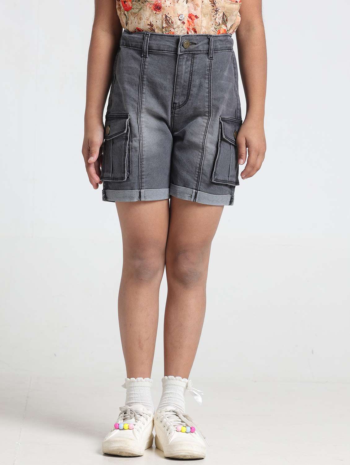 girls solid mid rise denim cargo shorts