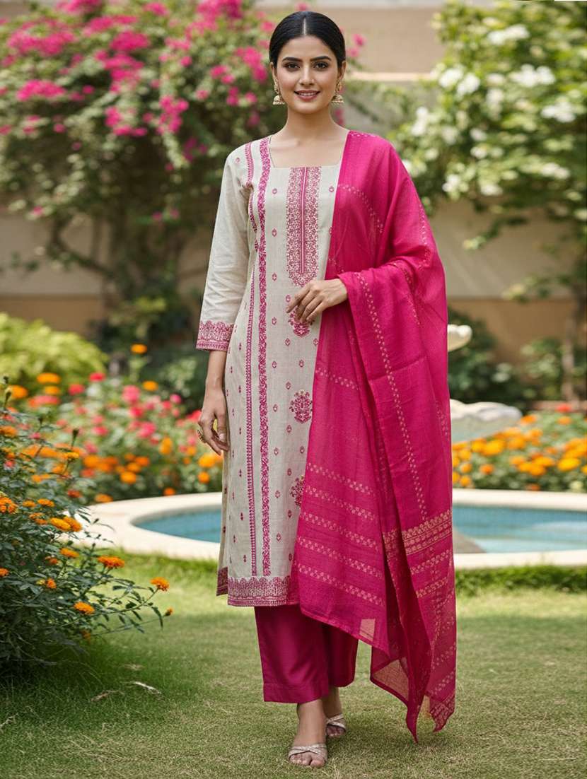 women self design three quarter sleeve kurta pant with dupatta set