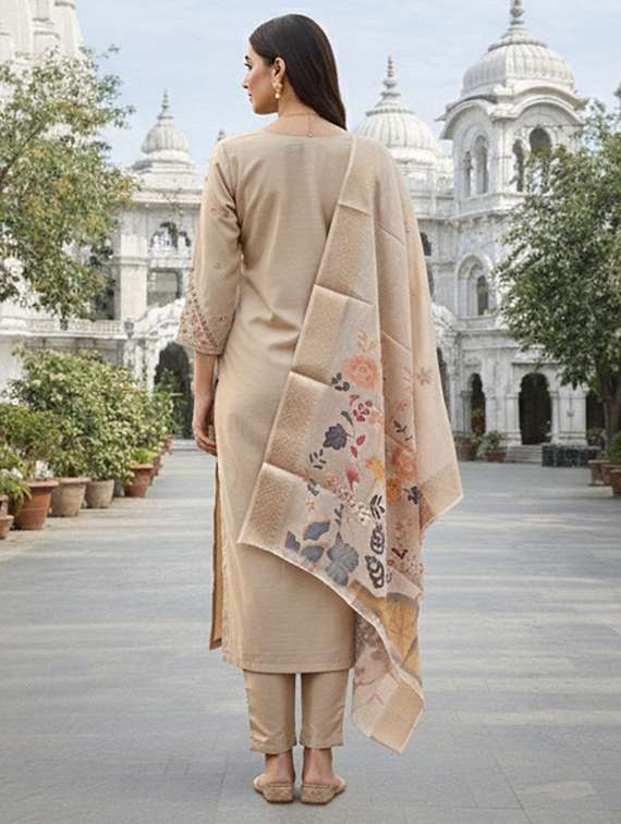 women solid with work three quarter sleeve kurta pant with dupatta set - 22357044 -  Standard Image - 3