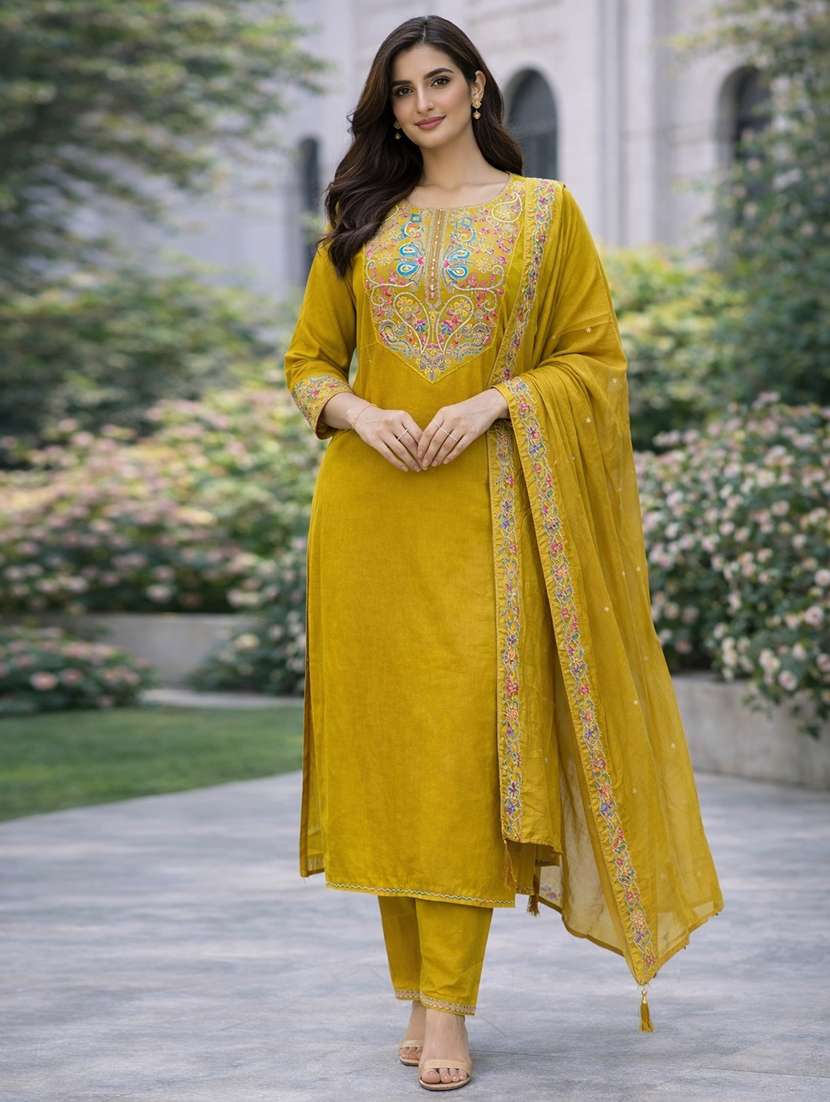 women solid with work three quarter sleeve kurta pant with dupatta set