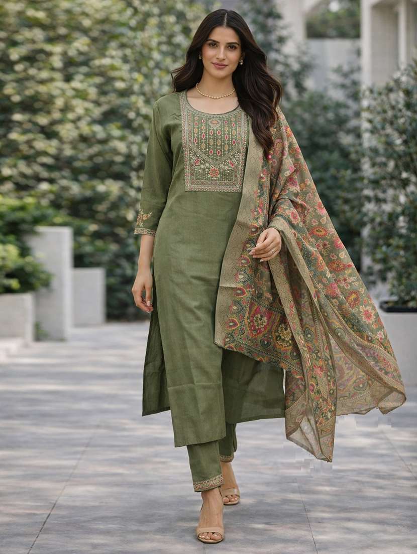 women solid with work three quarter sleeve kurta pant with dupatta set