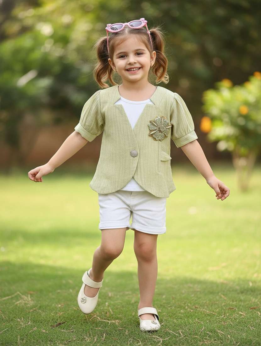 girls embroidered puff sleeves round neck top