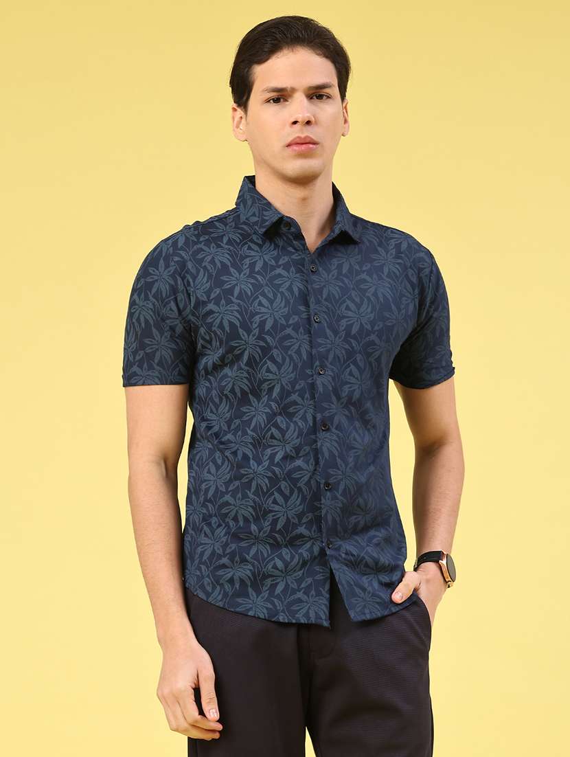 men printed short sleeve slim fit casual shirt