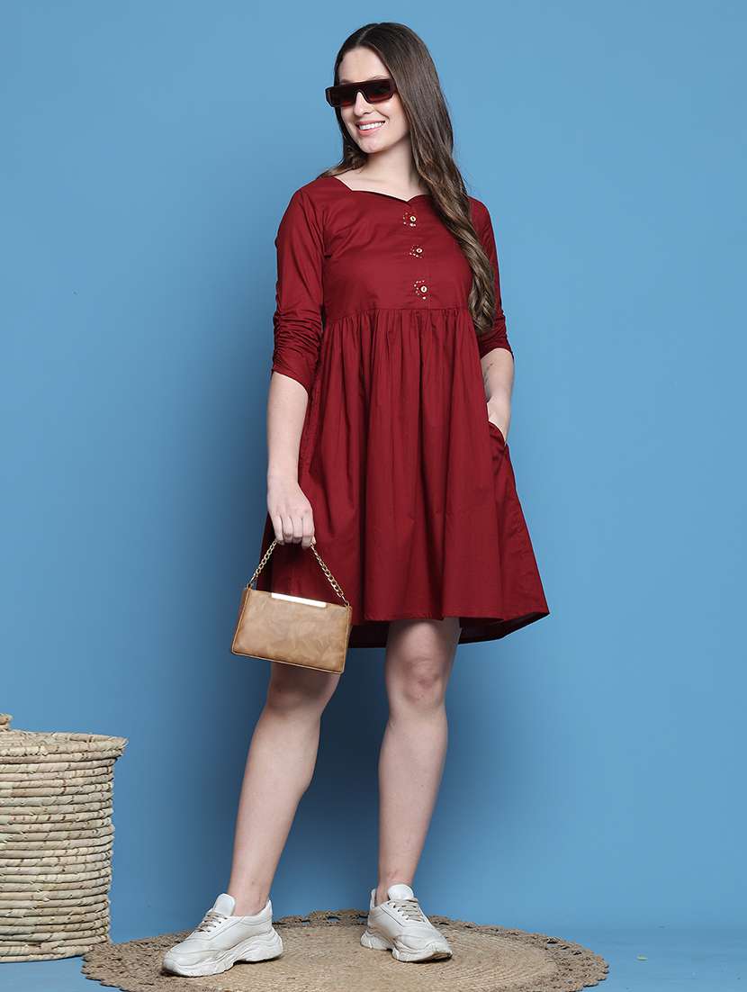 women solid three quarter sleeve fit & flare dress