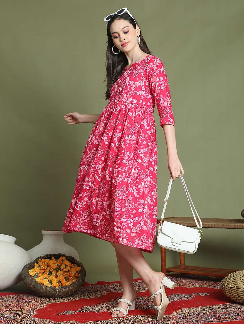 women floral printed three quarter sleeve ethnic dress