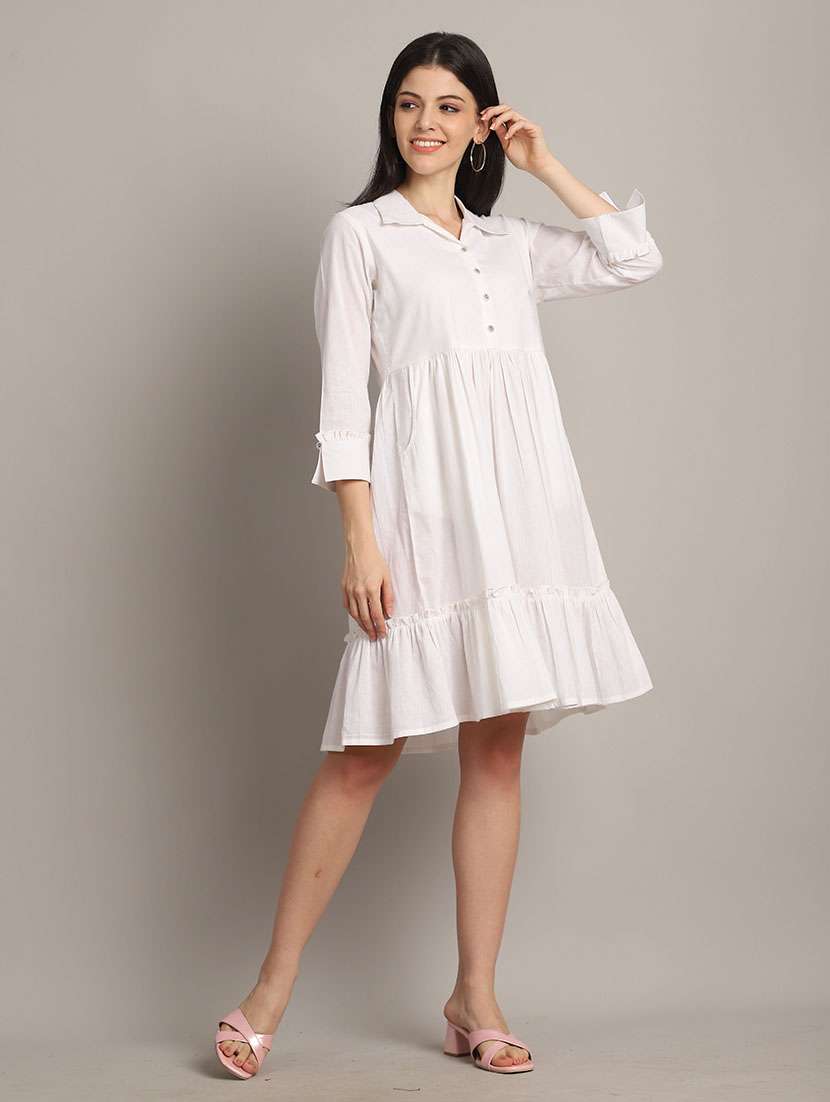 women solid three quarter sleeve tiered dress