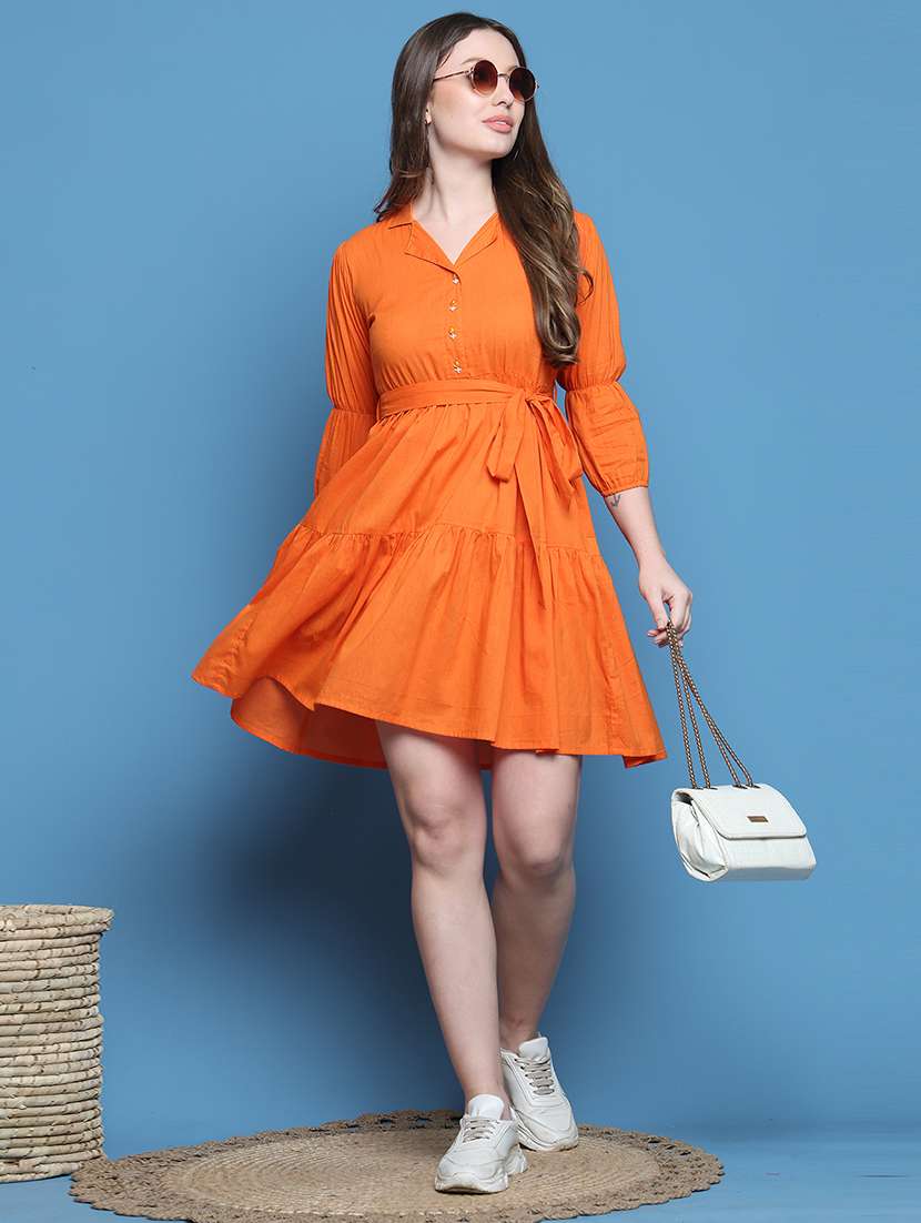 women solid three quarter sleeve tiered dress