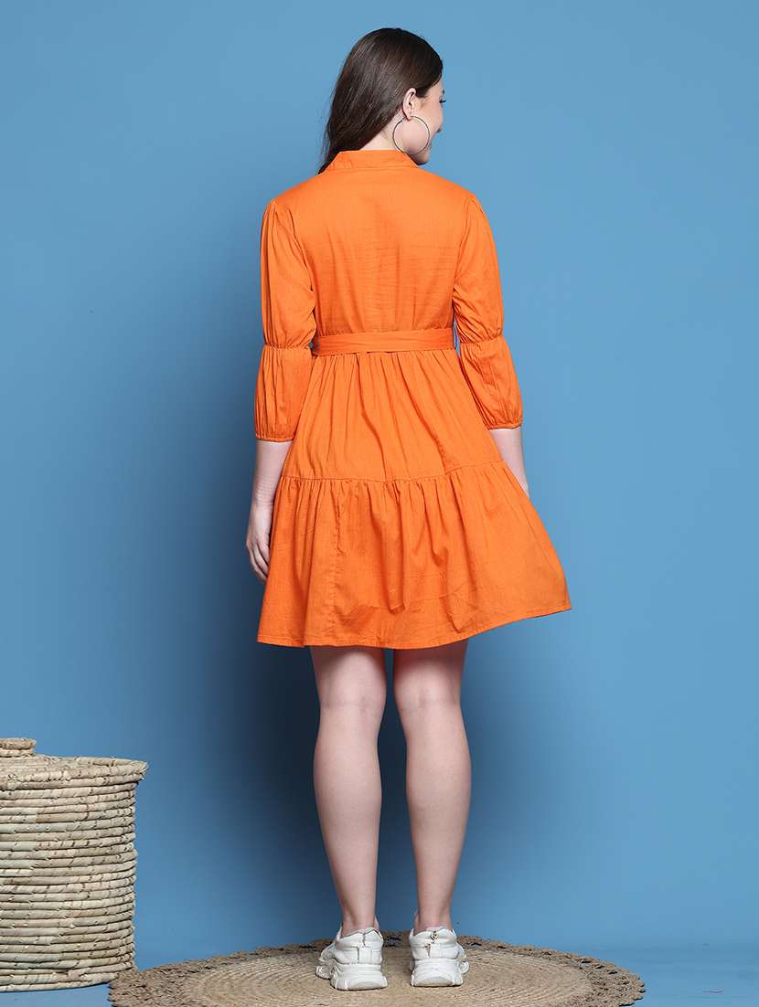 women solid three quarter sleeve tiered dress - 22357805 -  Standard Image - 3