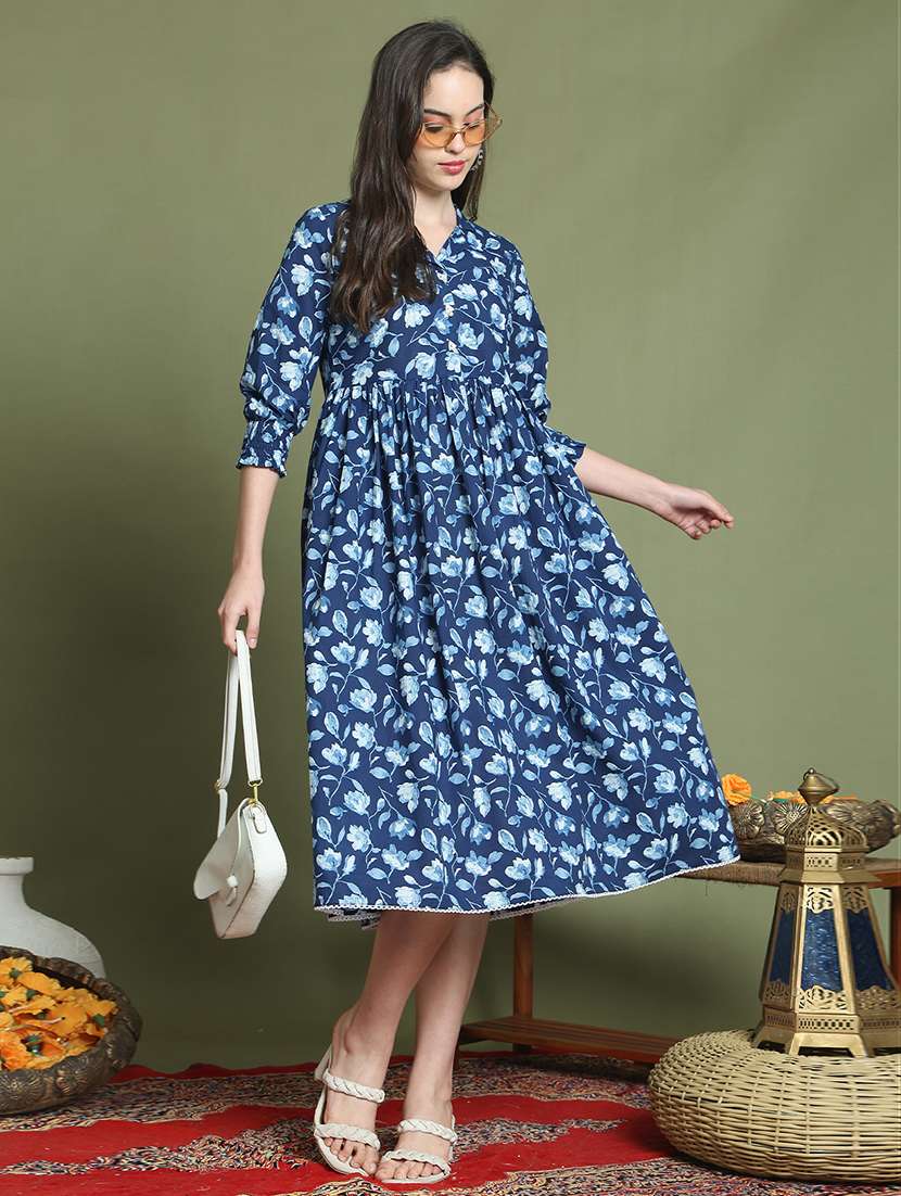 women floral printed three quarter sleeve ethnic dress