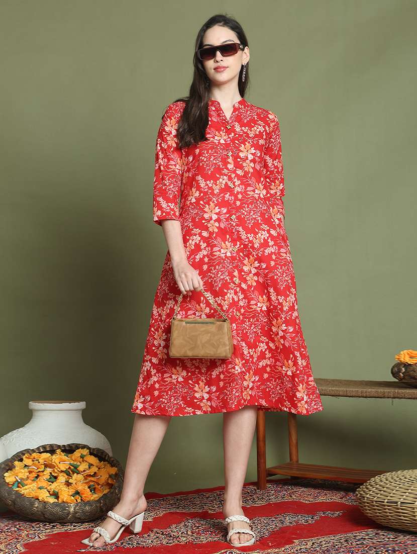 women floral printed three quarter sleeve ethnic dress