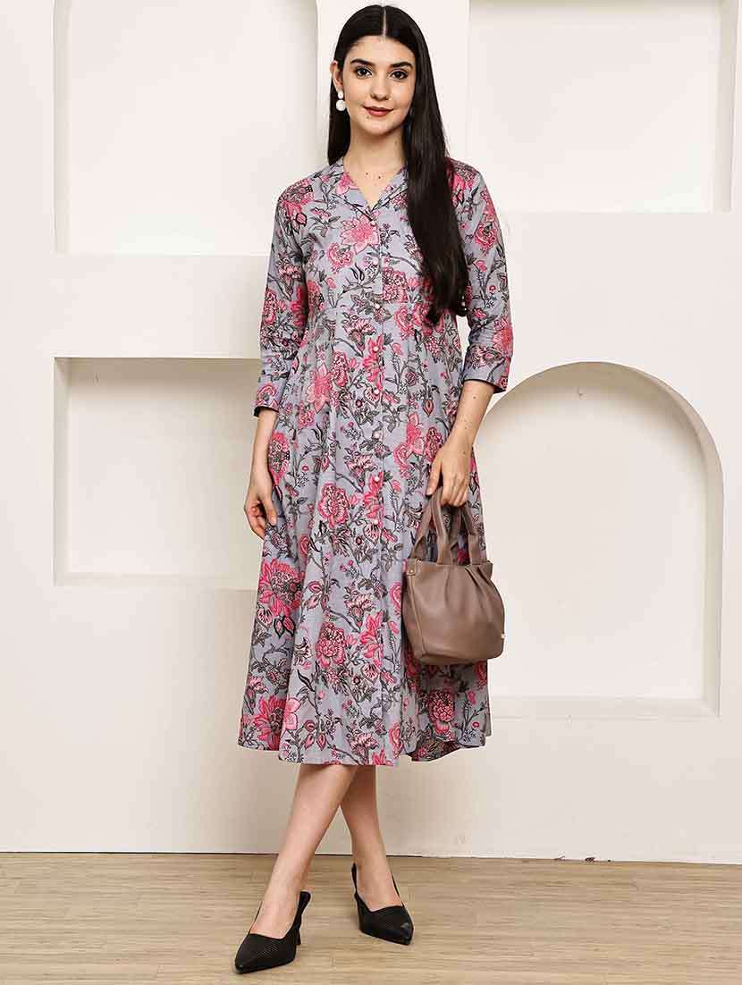 women floral three quarter sleeve a-line ethnic dress