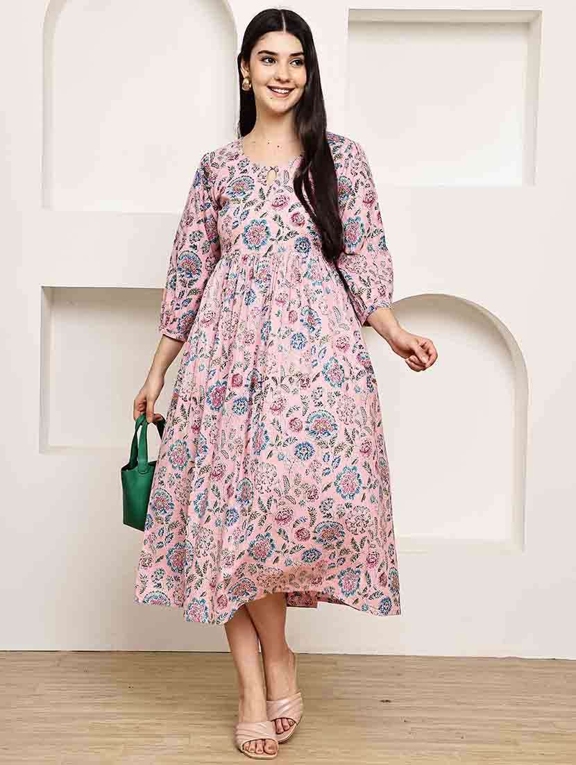women floral three quarter sleeve ethnic dress