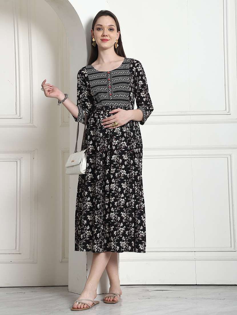 women printed three quarter sleeve maternity wear dress