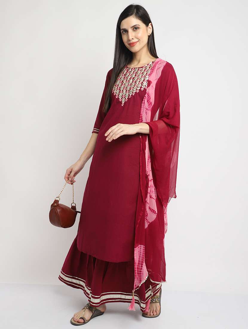 women solid with work three quarter sleeve kurta sharara with dupatta set - 22357927 -  Standard Image - 3